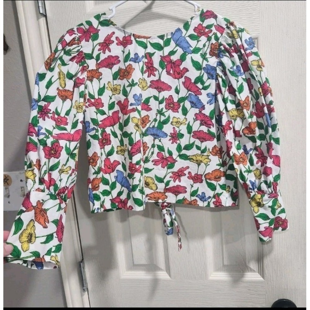Zara Floral Crop Top Womens XS Boho Cottagecore Puff Sleeve Tie Front Blouse